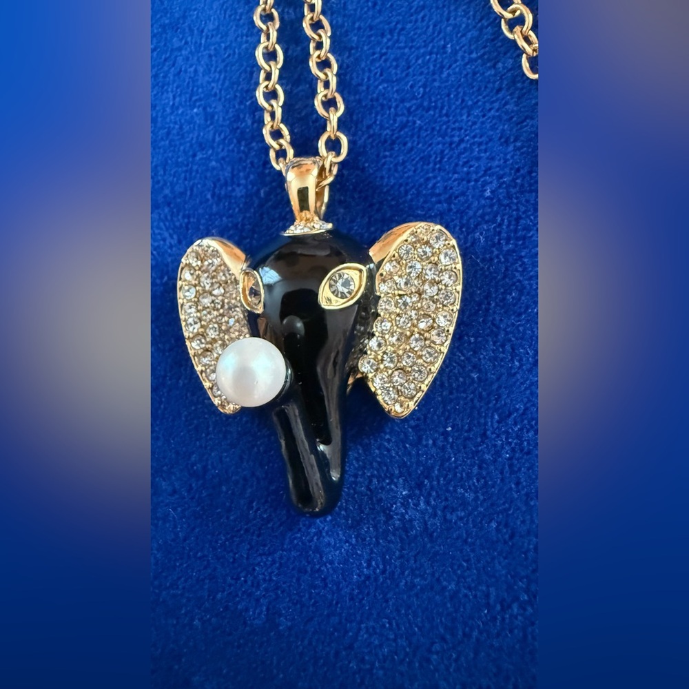 Ann Taylor Black Enamel Elephant Pendant Necklace with Gold and Pearl